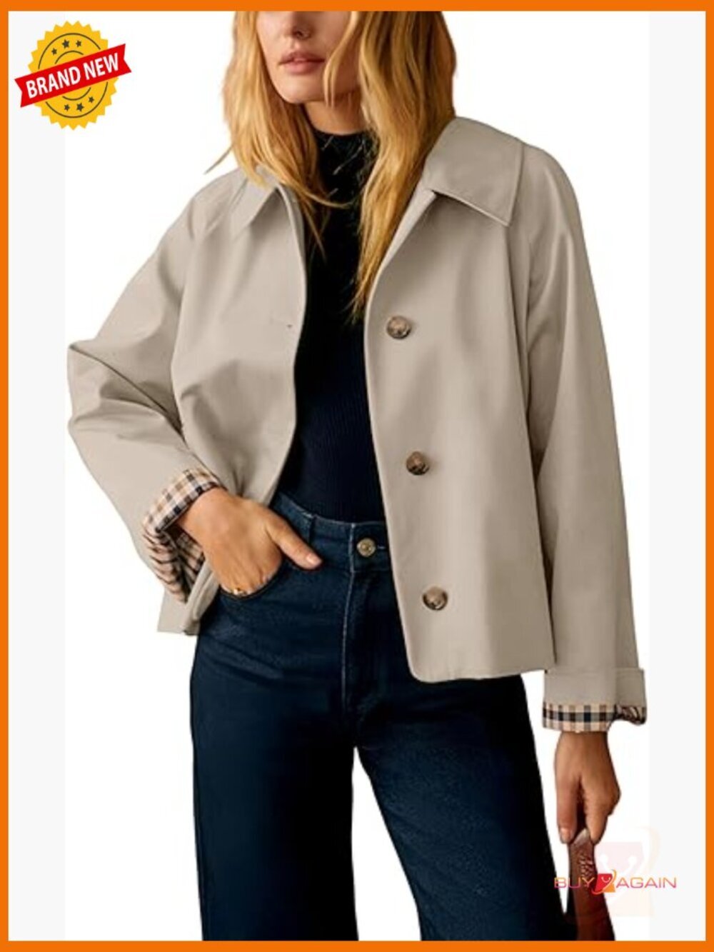 Women's Lightweight Trench Coat with Plaid Lining Button Front Casual Jacket